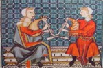 two seated bagpipers from the Cantigas Miniatures